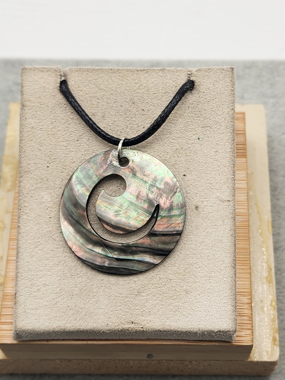 Iridescent Abalone Circle Pendant Necklace - Black Cord